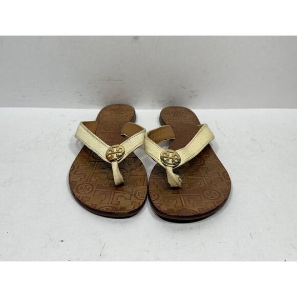 Tory Burch Thora Embossed Cream Leather Flip Flops Womens Size 7 M Sandals Shoes - Picture 2 of 9